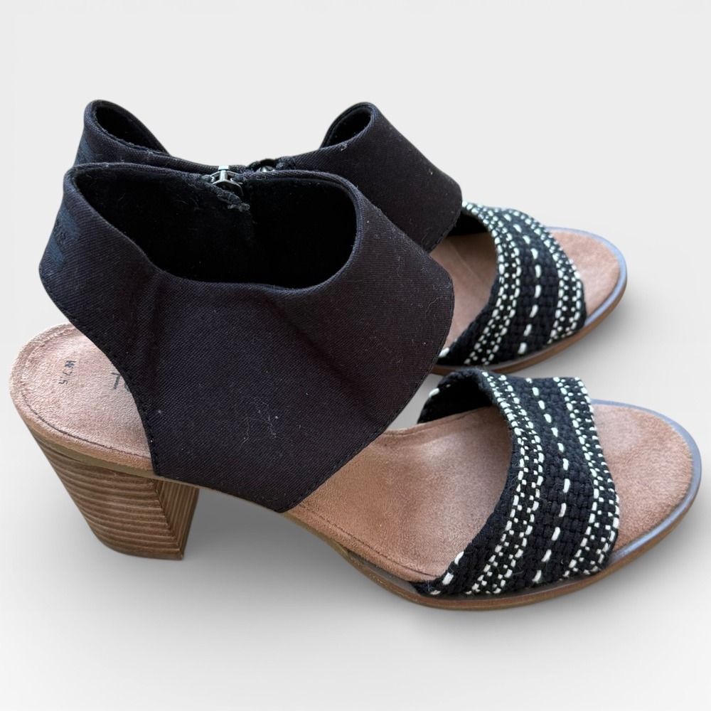 TOMS Majorca Sandal Women Size 7.5 Black Canvas High Heel Open Toe Zip‎ Up